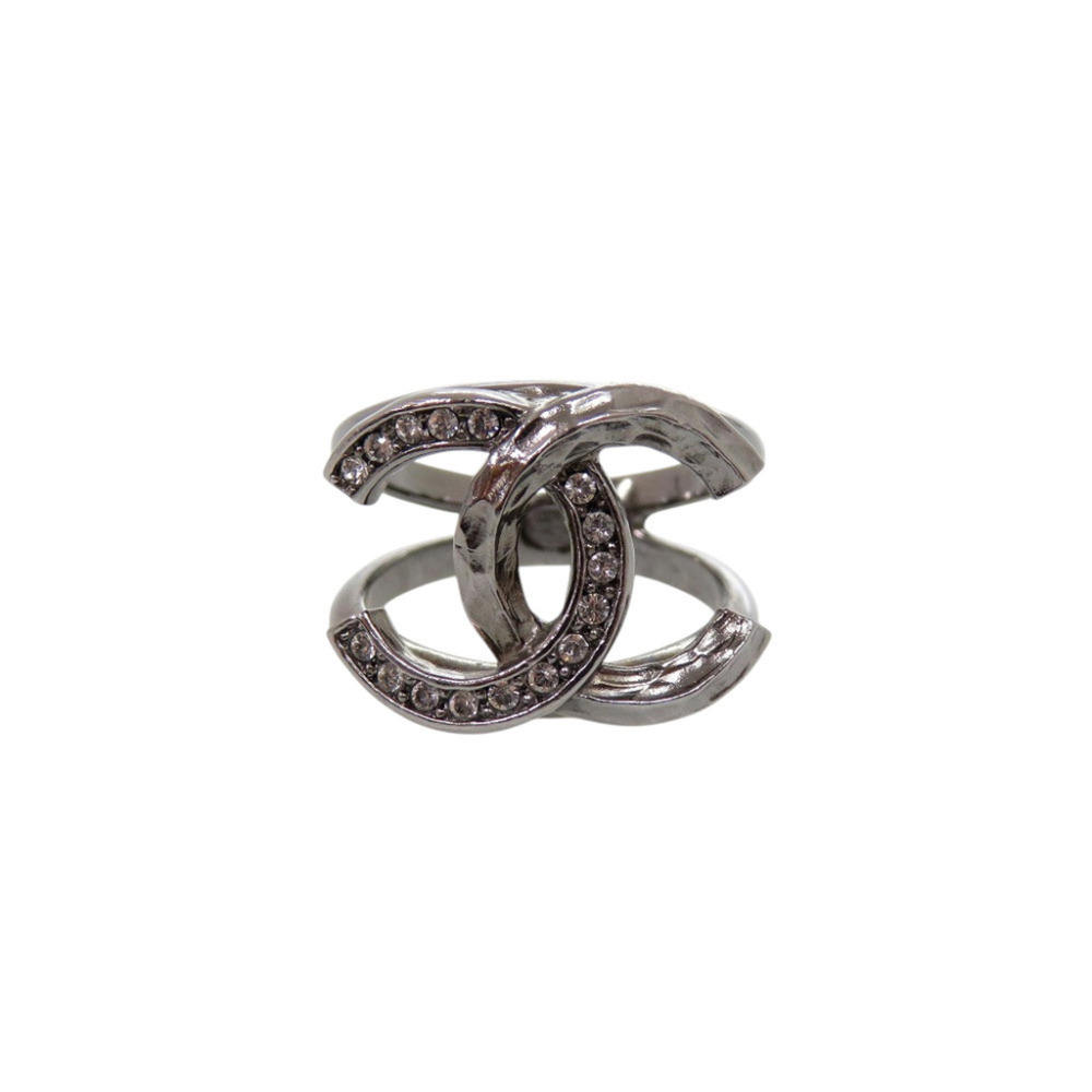 Chanel Coco Mark Rhinestone Ring, 1 C21K Engraved, Gunmetal, 0597CHANEL